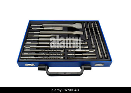 Closeup of drill bits of different size in blue toolbox isolated on white background. Stock Photo