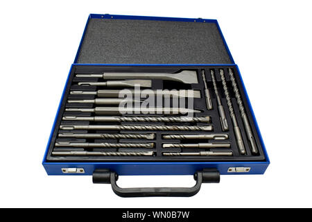 Closeup of drill bits of different size in blue toolbox isolated on white background. Stock Photo