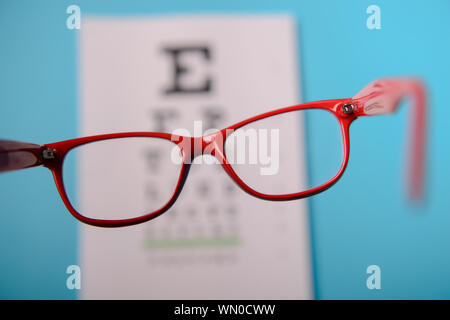 close up view of glasses lying on snellen test chart Stock Photo