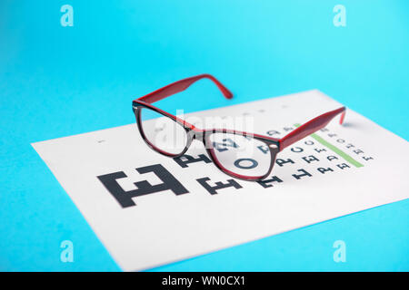close up view of glasses lying on snellen test chart Stock Photo