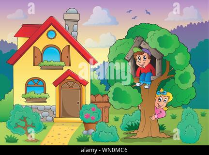 Children playing near house theme 2 Stock Vector