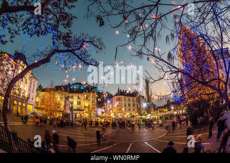Romantic Ljubljana's city center decorated for Christmas holidays. Preseren's square, Ljubljana, Slovenia, Europe Stock Photo