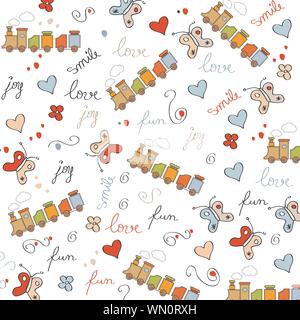 trains, wagons and rails , doodle  seamless pattern Stock Vector