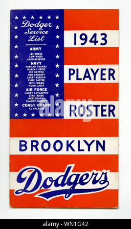 The Brooklyn dodgers 1943 Player Roster with patriotic design included a list on the front of players in active service in the military during World War ll. Stock Photo