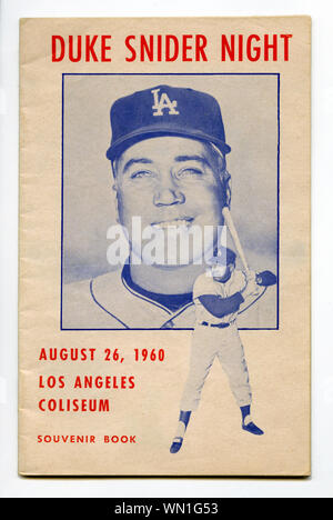 Souvenir booklet  given out at the Memorial Coliseum in Los Angeles on Aug. 26, 1960 to commemorate Dodger star player Duke Snider who began his career in Brooklyn in the late 1940's and was elected to the Hall of Fame in 1980. Stock Photo
