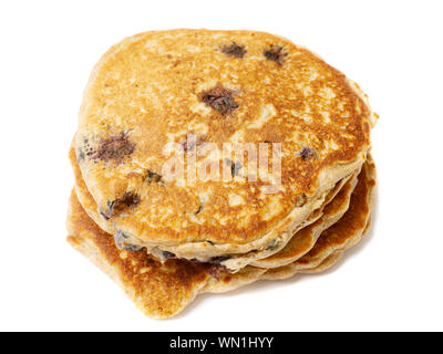 Stack of three blueberry pancakes isolated on white background. Stock Photo