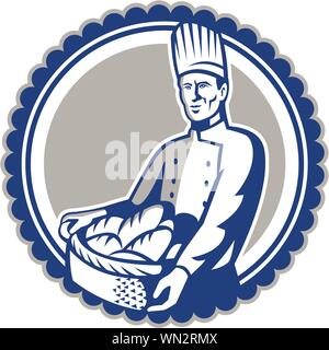 Baker Holding Basket Bread Loaf Retro Stock Vector