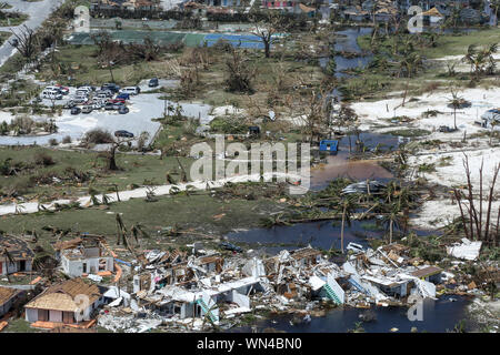Aerial view of destruction from category 5 Hurricane Dorian in the Bahamas. (Photo by Erik Villa Rodriguez / USCG) Stock Photo