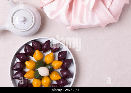 Concept of Korean traditional objects, wrapping cloth and refreshments. 061 Stock Photo