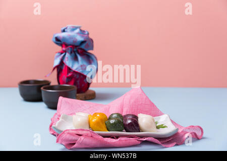 Concept of Korean traditional objects, wrapping cloth and refreshments. 041 Stock Photo