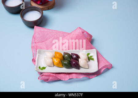 Concept of Korean traditional objects, wrapping cloth and refreshments. 044 Stock Photo