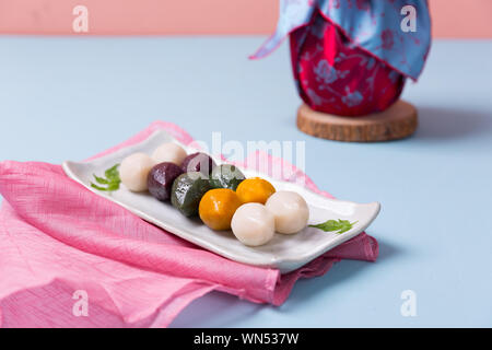 Concept of Korean traditional objects, wrapping cloth and refreshments. 049 Stock Photo