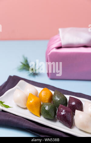 Concept of Korean traditional objects, wrapping cloth and refreshments. 037 Stock Photo