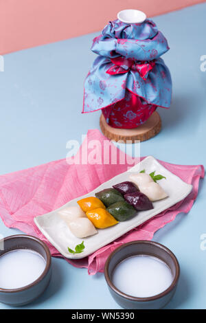 Concept of Korean traditional objects, wrapping cloth and refreshments. 045 Stock Photo