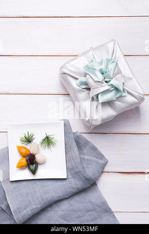 Concept of Korean traditional objects, wrapping cloth and refreshments. 022 Stock Photo