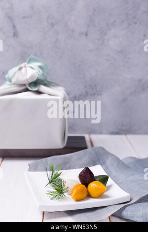 Concept of Korean traditional objects, wrapping cloth and refreshments. 021 Stock Photo