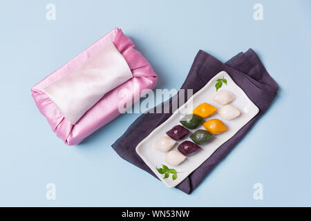 Concept of Korean traditional objects, wrapping cloth and refreshments. 033 Stock Photo