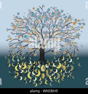 A vector illustration of a tree of life with star flowers. In the roots are moons Stock Vector