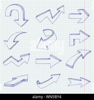 Arrows set. Hand drawn doodles on lined paper background. Vector illustration Stock Vector