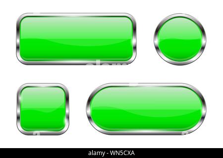 Green glass buttons. Set of 3d shiny icons with chrome frame. Vector illustration isolated on white background Stock Vector