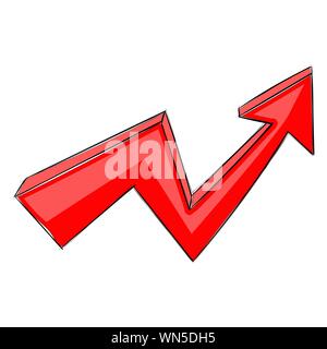 Red UP arrow. Financial rising trend graph. Hand drawn sign. Vector illustration isolated on white background Stock Vector