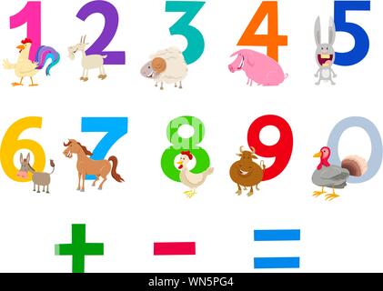 Cartoon Illustration of Numbers Set from Zero to Nine with Cute Farm Animal Characters Stock Vector