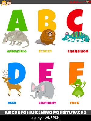 Cartoon Illustration of Colorful Alphabet Set from Letter A to F with Wild Animal Characters Stock Vector
