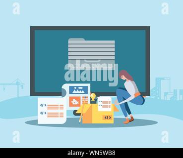 builders and desktop with webpage under cosntruction vector illustration design Stock Vector