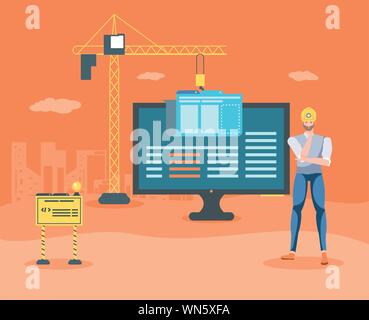 builders and desktop with webpage under cosntruction vector illustration design Stock Vector