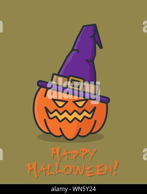 Halloween pumpkin with witch hat cartoon  Vector illustration, filled outline style. Greeting card or poster. Stock Vector