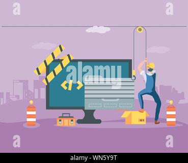 builders and desktop with webpage under cosntruction vector illustration design Stock Vector