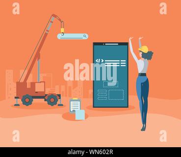 builders and smartphone with webpage under cosntruction vector illustration design Stock Vector