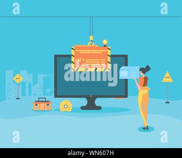 builders and desktop with webpage under cosntruction vector illustration design Stock Vector