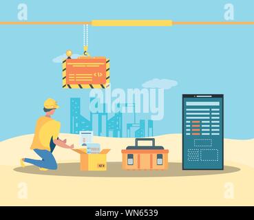 builders and smartphone with webpage under cosntruction vector illustration design Stock Vector