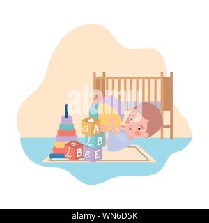 cute little boy baby playing with toys and cradle Stock Vector