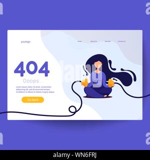 Vector color illustration of creativity 404 page not found error. Woman unplugged electric plug and socket Stock Vector