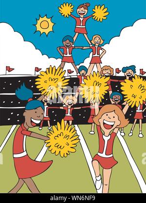 Cheerleaders Girls Dancing With Pompoms Vector Stock Vector Image & Art -  Alamy