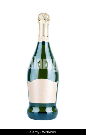 One bottle of champagne or sparkling wine on white background isolated close up, layout for label Stock Photo