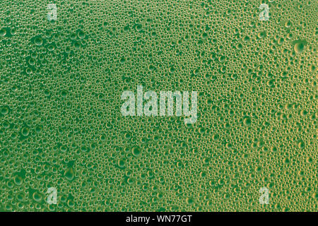 Green abstract background of bright foam bubbles. Water drops on yellow surface. Texture of glitter glass. Modern style of design. Stock Photo