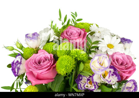 Bouquet of pink roses flowers, white daisies, chrysanthemums, green leaves, white background isolated close up, greeting card, banner, copy space Stock Photo