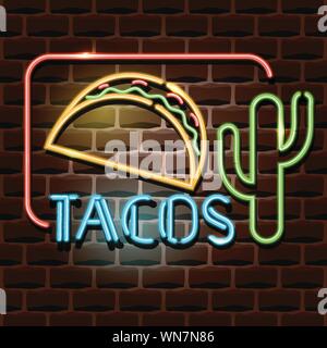 tacos neon advertising sign Stock Vector