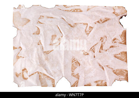 Crumpled old brown paper on white background isolated close up, wrinkled dirty empty sheet of paper, aged antique design burnt stained texture pattern Stock Photo