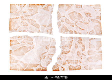 Torn sheets of brown aged paper on white background isolated close up, ragged shreds of old paper design ancient wrinkled damaged pattern page texture Stock Photo
