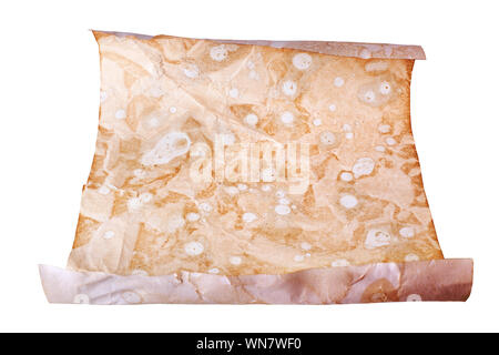 Old brown paper roll on white background isolated close up, scroll antique document design, ancient letter frame template, empty aged sheet of paper Stock Photo