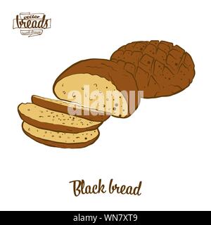 Colored drawing of Black bread bread. Vector illustration of Rye bread food, usually known in Europe. Colored Bread sketches. Stock Vector