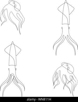 Octopus and squid illustration drawn by one line. Minimalist style vector illustration set Stock Vector