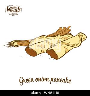 Colored drawing of Green onion pancake bread. Vector illustration of Flatbread food, usually known in China. Colored Bread sketches. Stock Vector