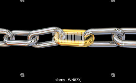 golden link in silver chain isolated in black background - 3d rendering Stock Photo