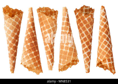 Six golden crispy ice-cream waffle cones on white background isolated close up Stock Photo