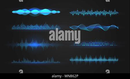 Blue equalizer waves on black background. Realistic set of sound and radio wave. Digital voice graphic design, vector illustration. Stock Vector